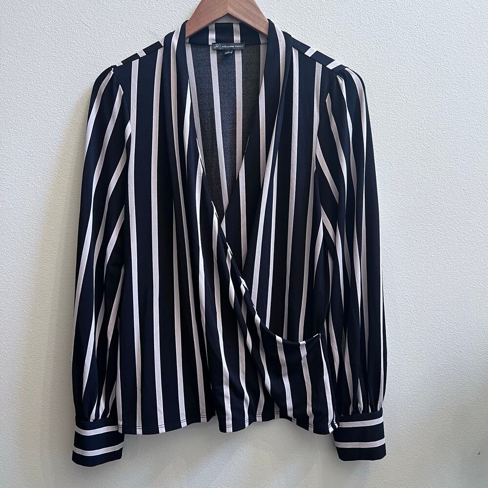 Adrianna Papell Blouse Womens L Black White Striped‎ Faux Wrap Career Office